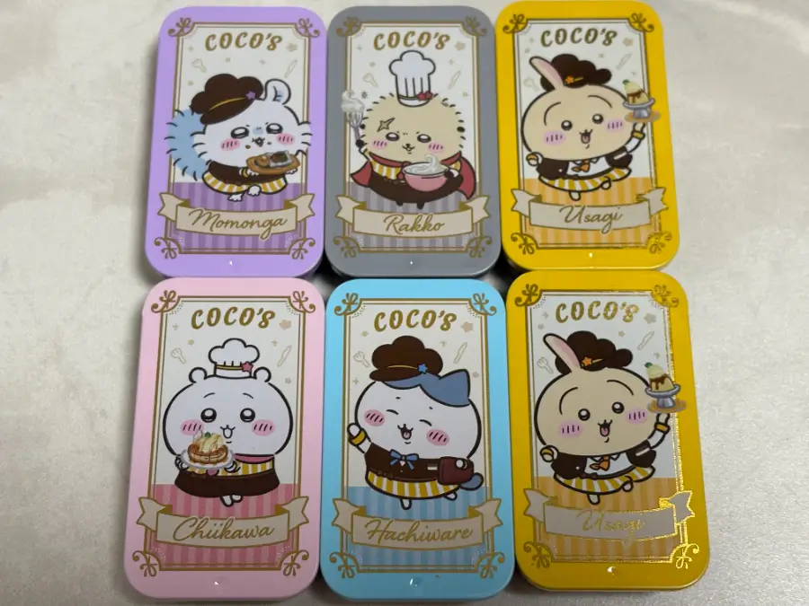 第３弾のノベルティ。スライドケース。ちいかわ、ハチワレ、うさぎ、モモンガ、ラッコ